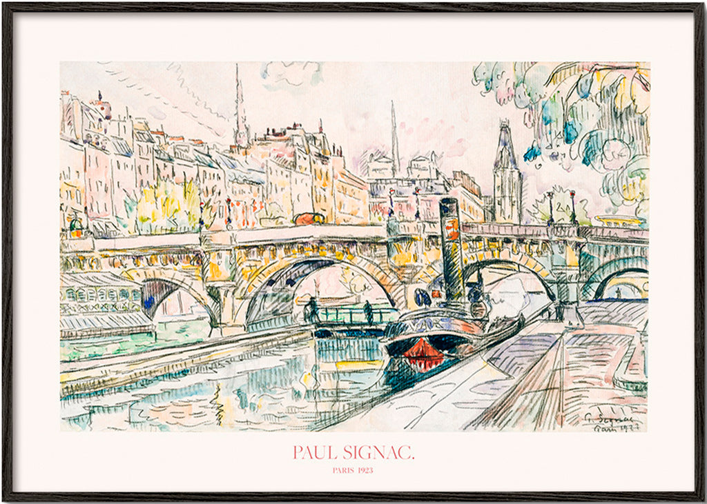 Kökskonst: Pont Neuf bogserbåt i tusch och akvarell – Black Frame