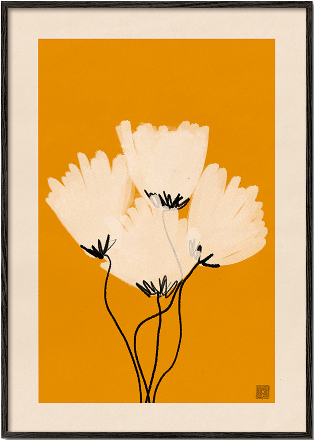 Botanisk poster vita blommor på ockra – Black Frame