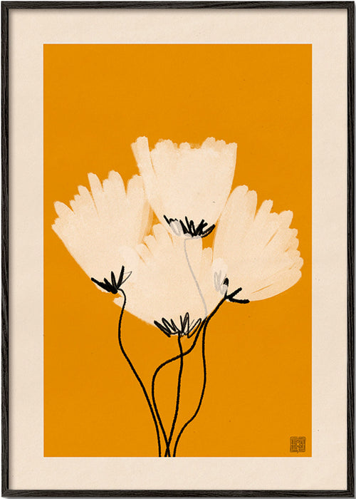 Botanisk poster vita blommor på ockra – Black Frame
