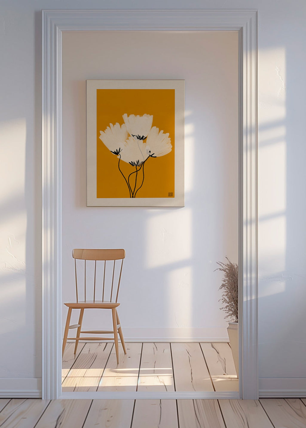 Botanisk poster vita blommor på ockra – Canvas