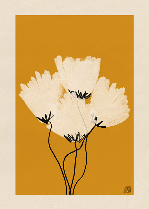 Botanisk poster vita blommor på ockra