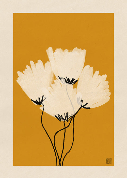 Botanisk poster vita blommor på ockra