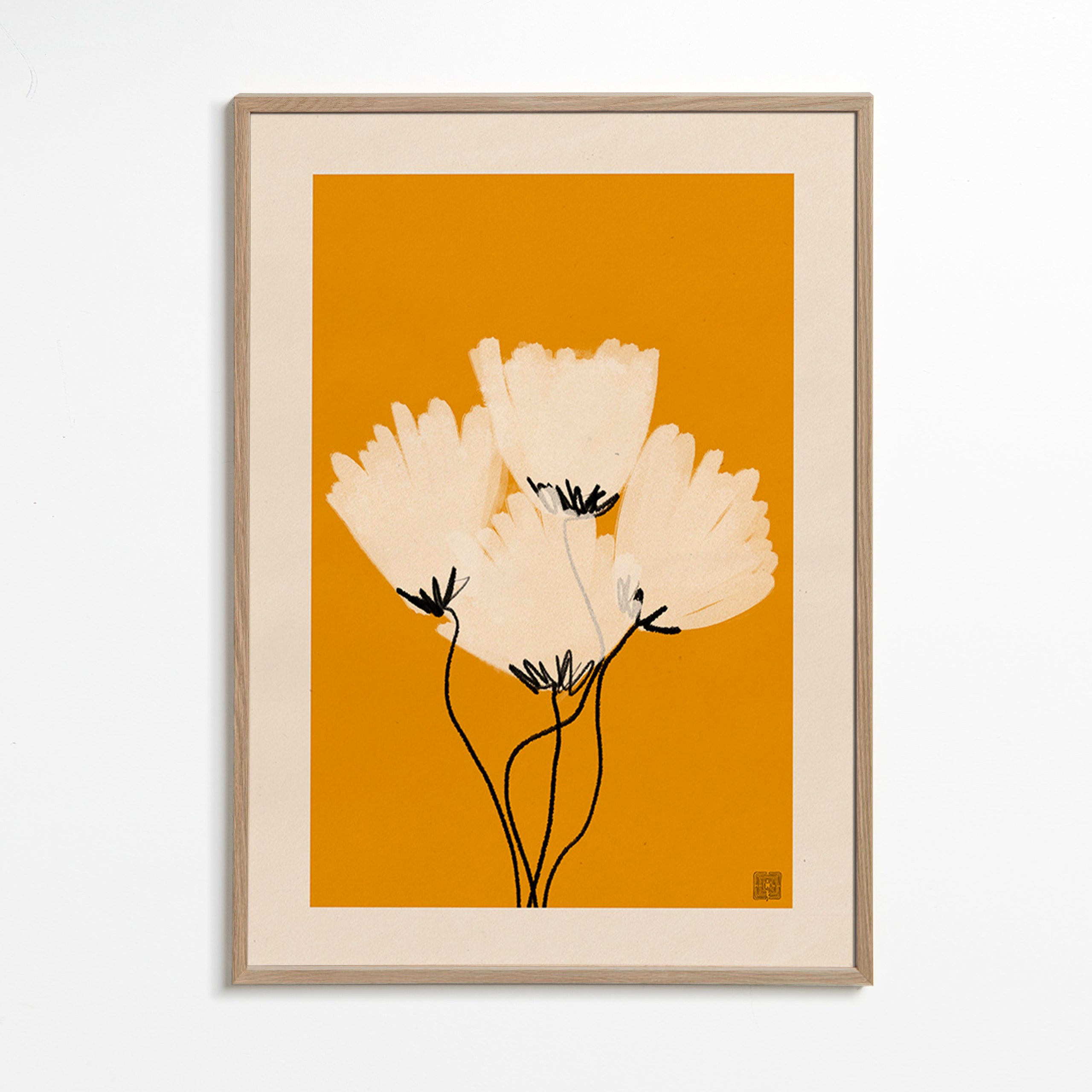 Botanisk poster vita blommor på ockra – Oak Frame