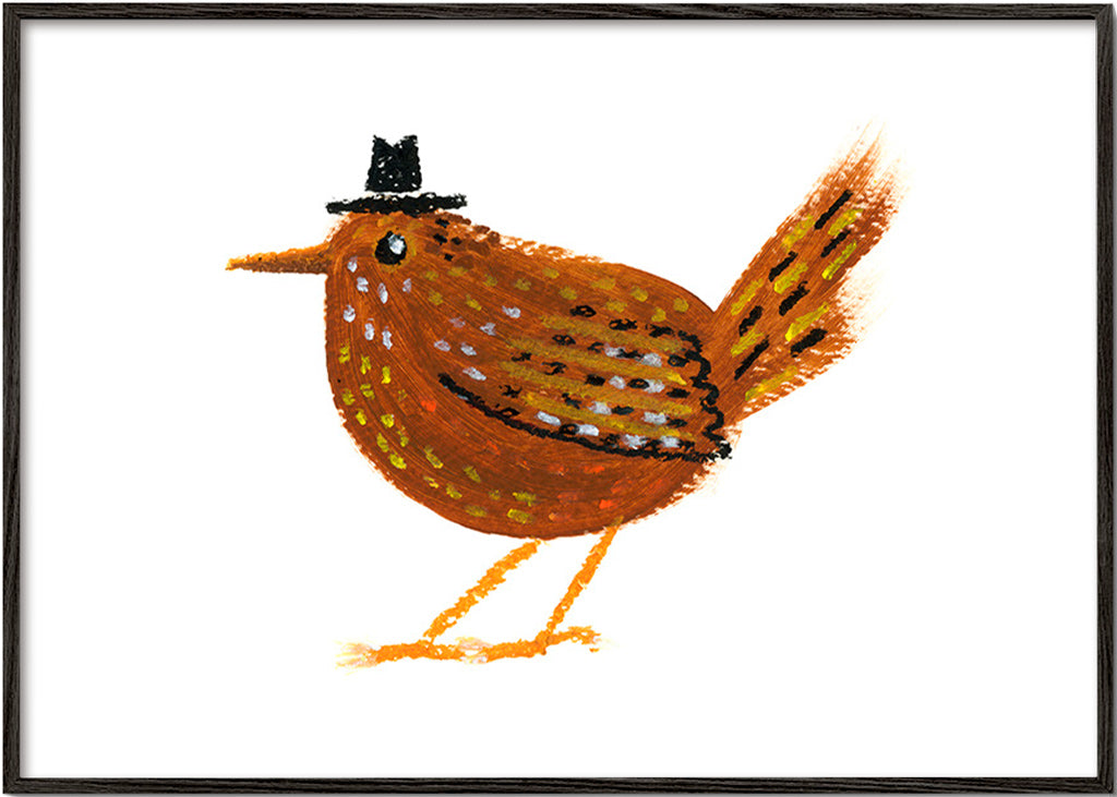 Tavla fågel med liten cowbohatt – Black Frame