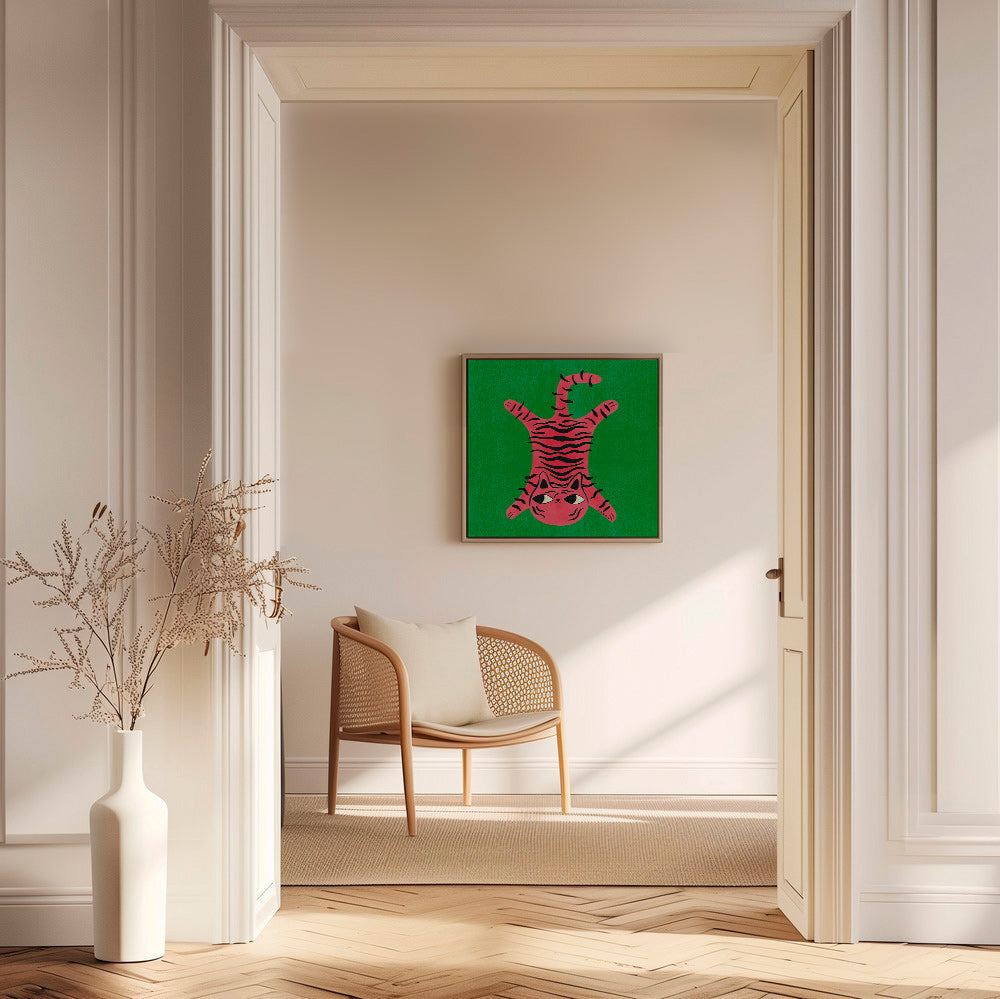 Rosa kattillustration med svarta ränder – Canvas2