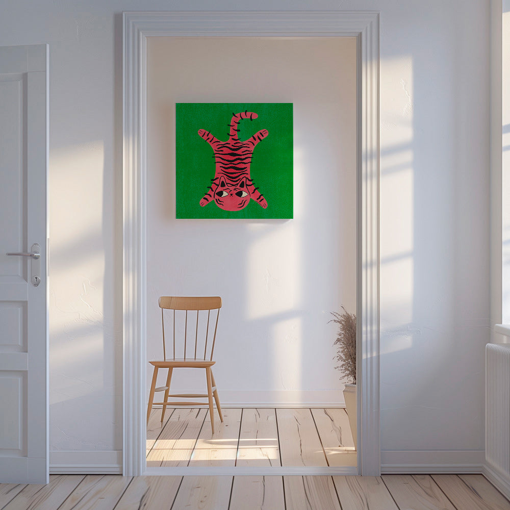 Rosa kattillustration med svarta ränder – Canvas