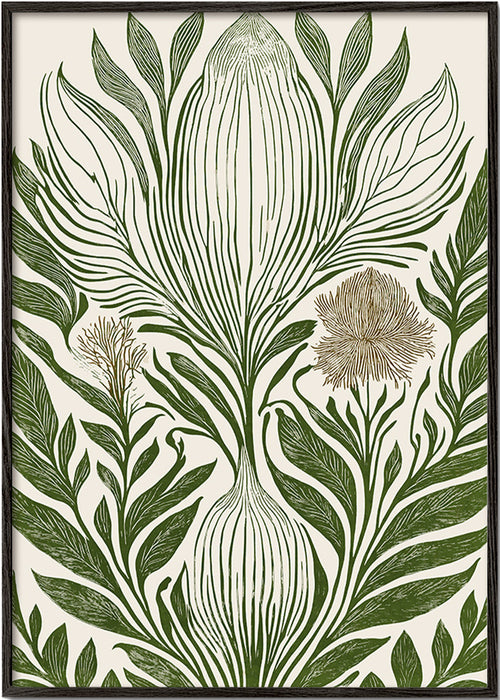 Botaniskt tryck med gröna linjeteckningar – Black Frame