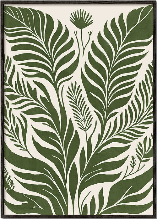Botaniskt tryck gröna blad på beige – Black Frame
