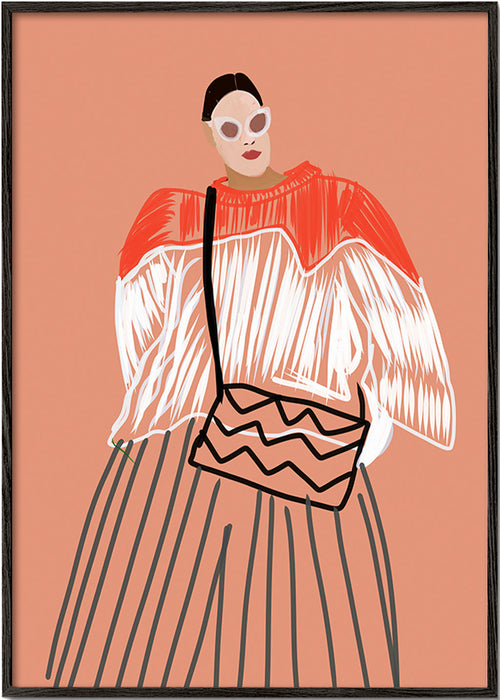 Illustration av kvinna med korallväska – Black Frame
