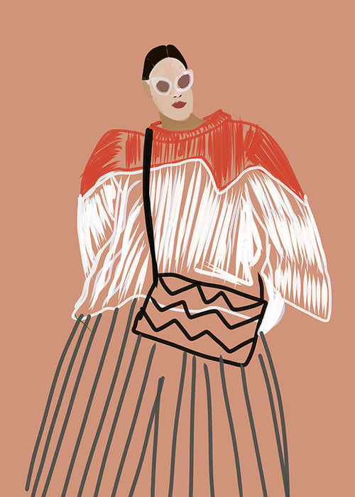 Illustration av kvinna med korallväska