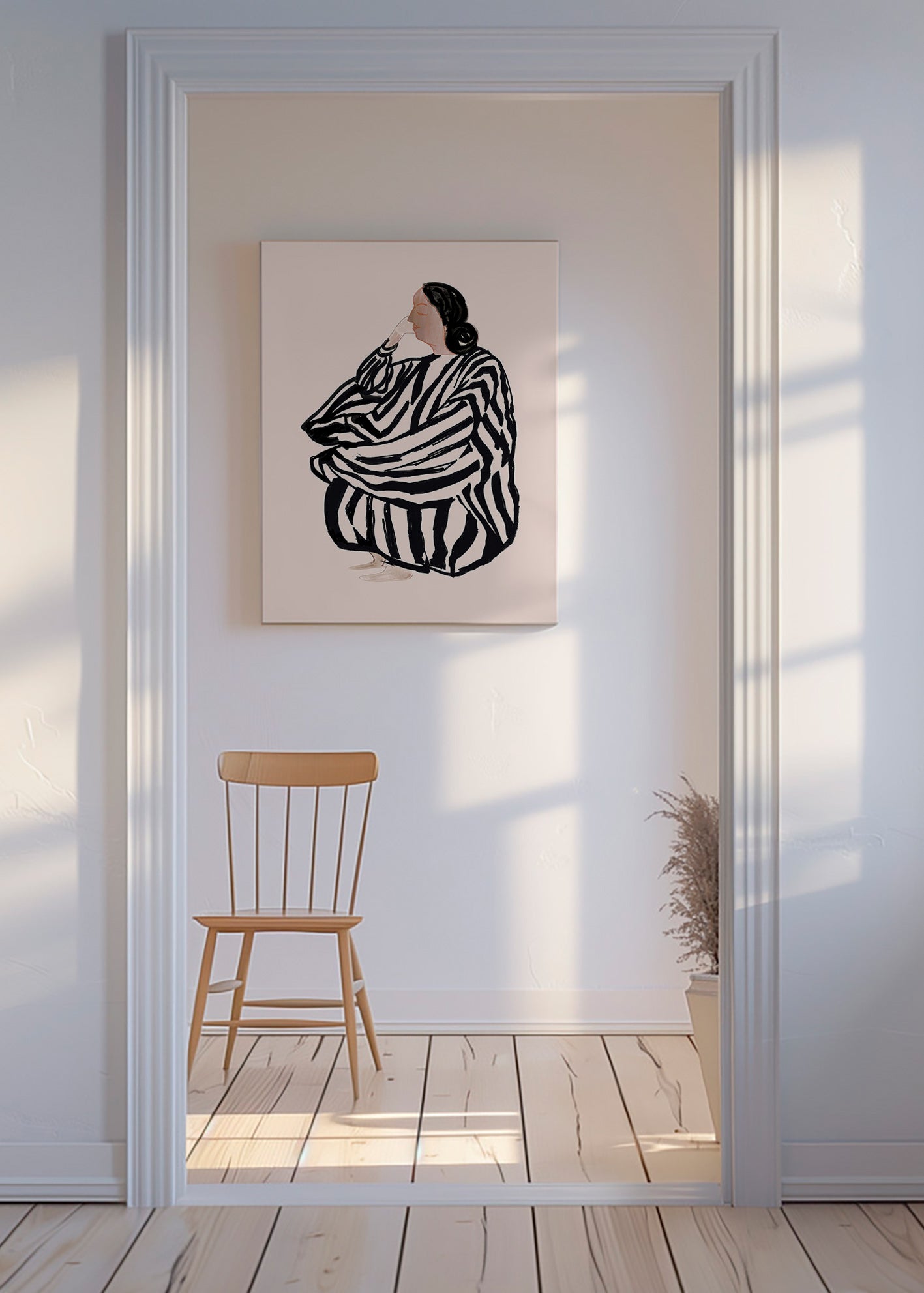 Illustration av sittande kvinna med tydliga ränder – Canvas