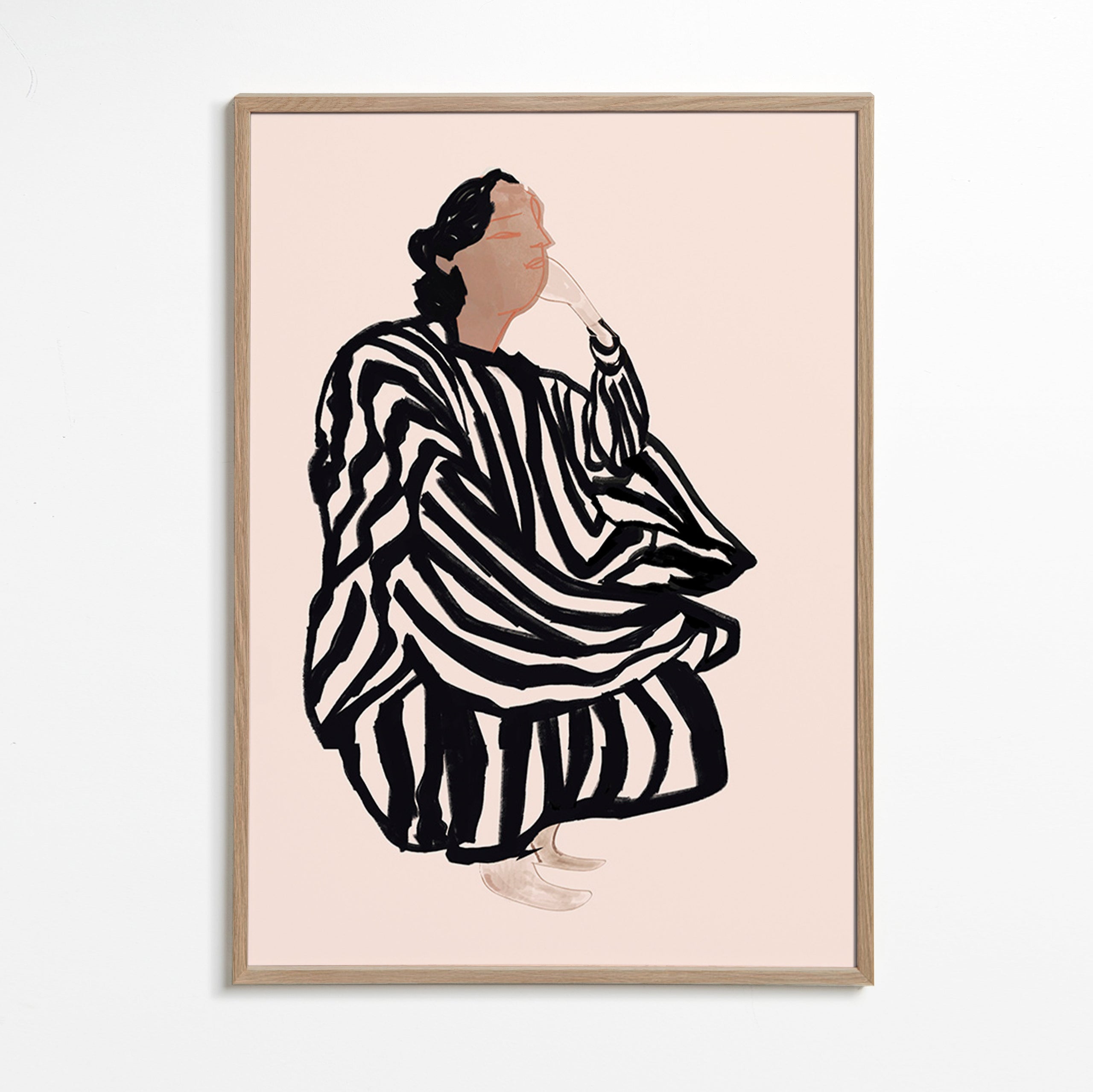 Illustration av kvinnlig figur med grafiska ränder – Oak Frame