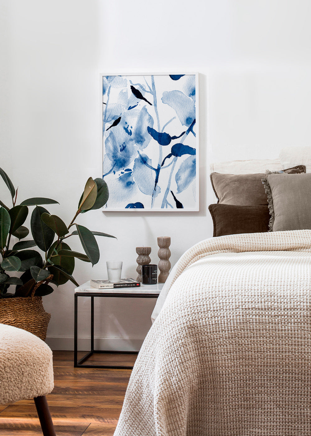 Botanisk akvarell i blått med fåglar – Product1