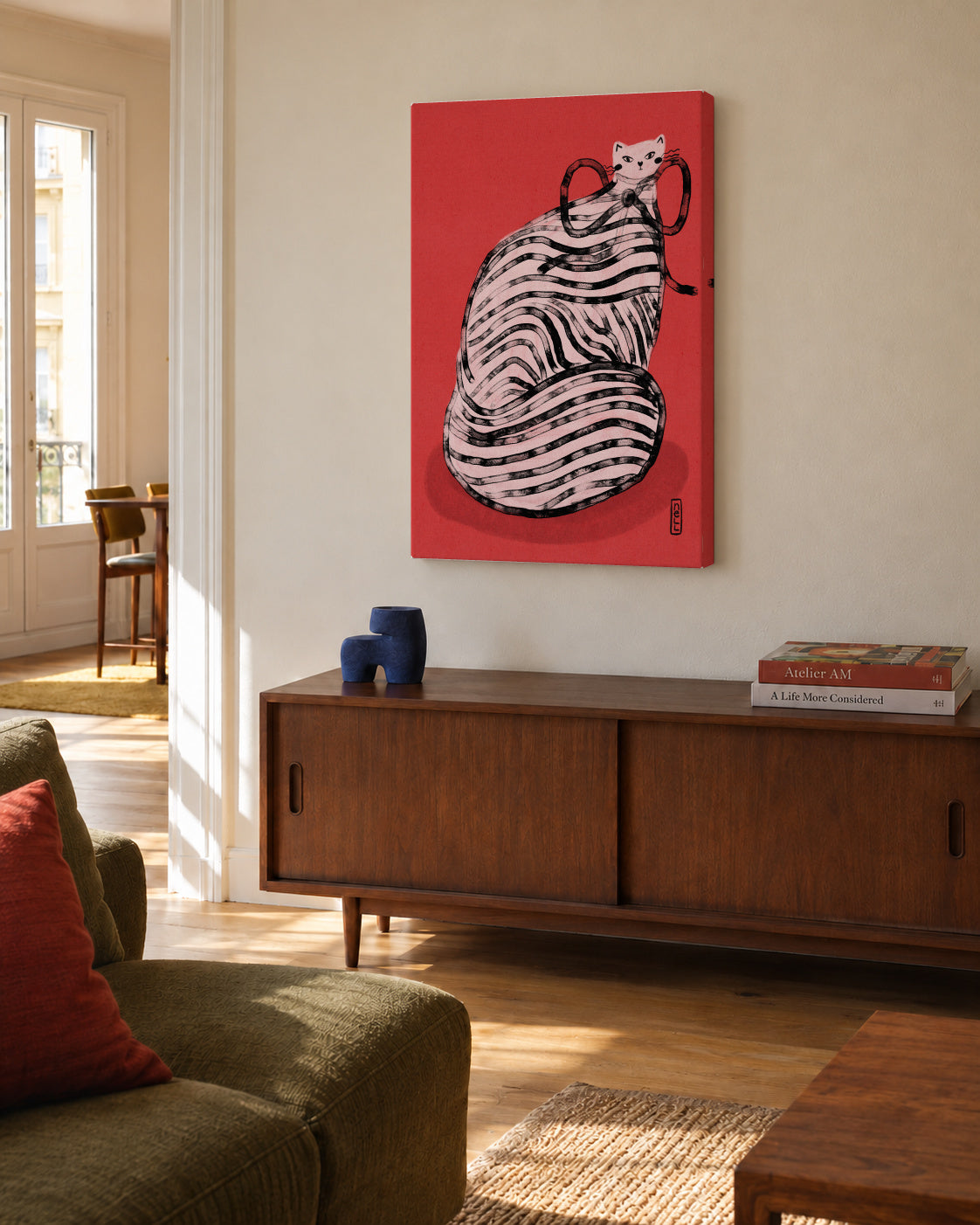 Black and White Stripe Cat Illustration Poster - Unframed canvas in an interior