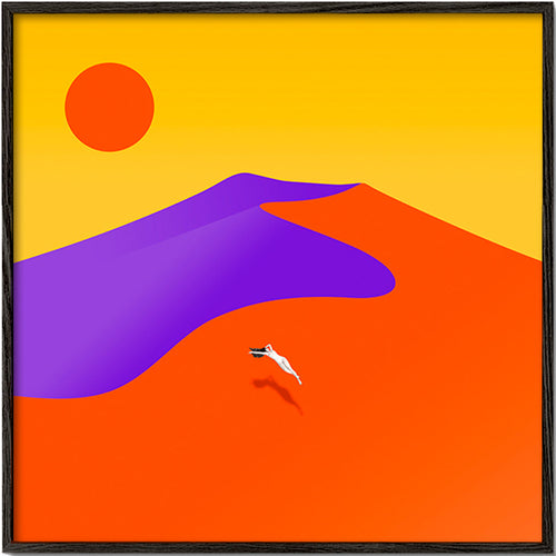 Abstrakt konstverk med flytande figur och sol – Black Frame