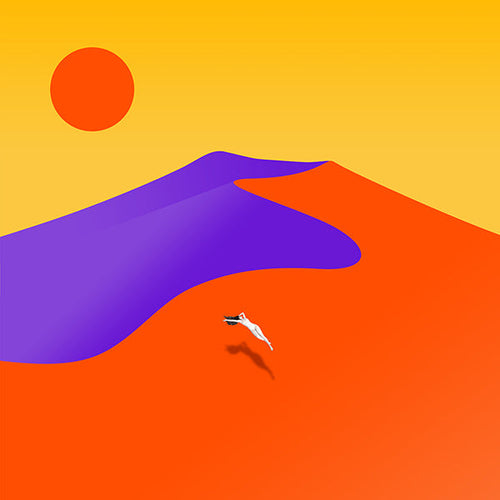 Abstrakt konstverk med flytande figur och sol