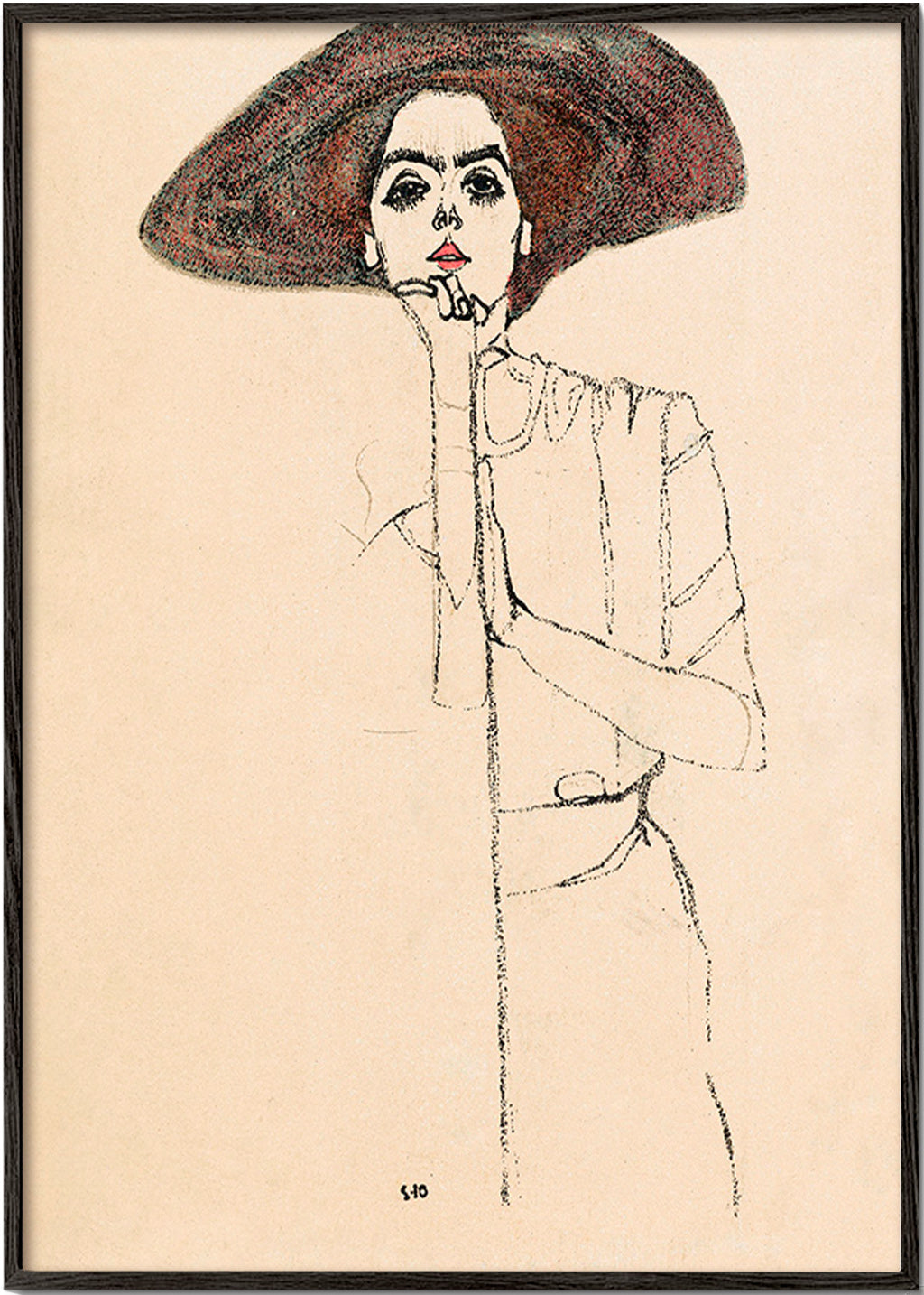 Illustration porträtt med hatt och uttrycksfull linje – Black Frame