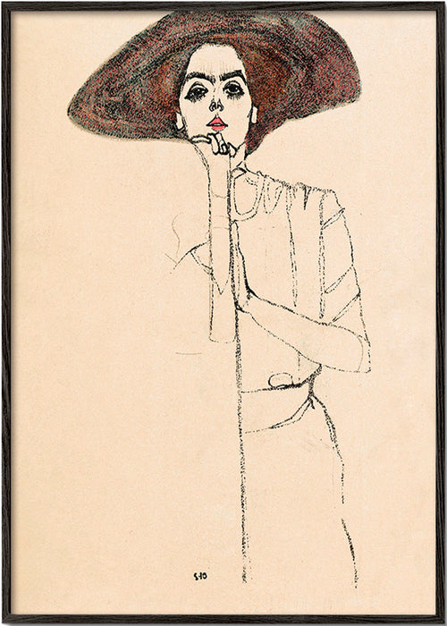 Illustration porträtt med hatt och uttrycksfull linje – Black Frame