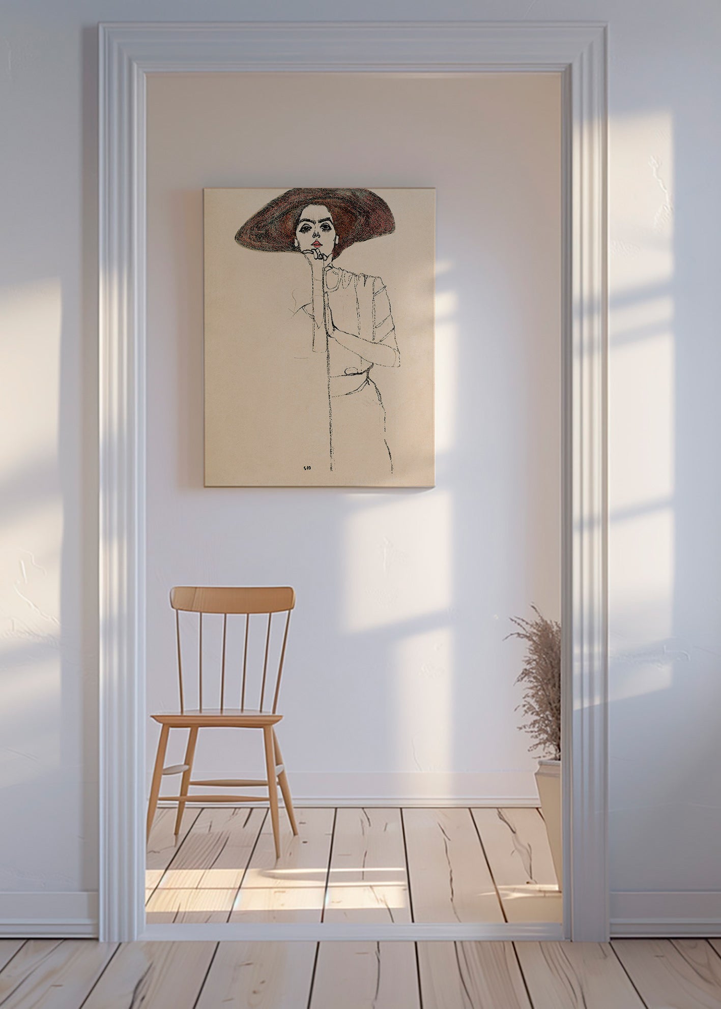 Illustration porträtt med hatt och uttrycksfull linje – Canvas