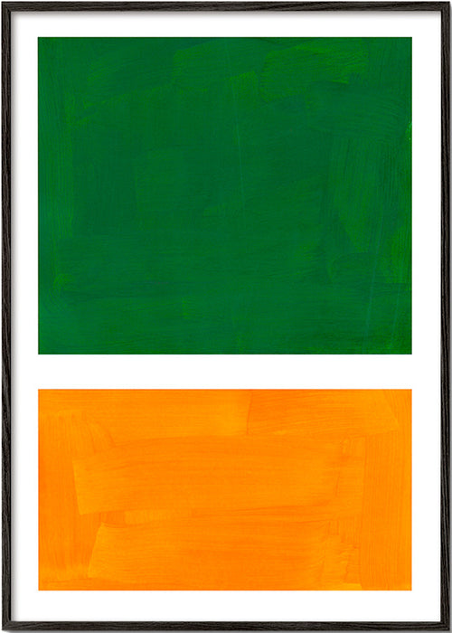 Abstrakt konst med gröna och orange ytor – Black Frame