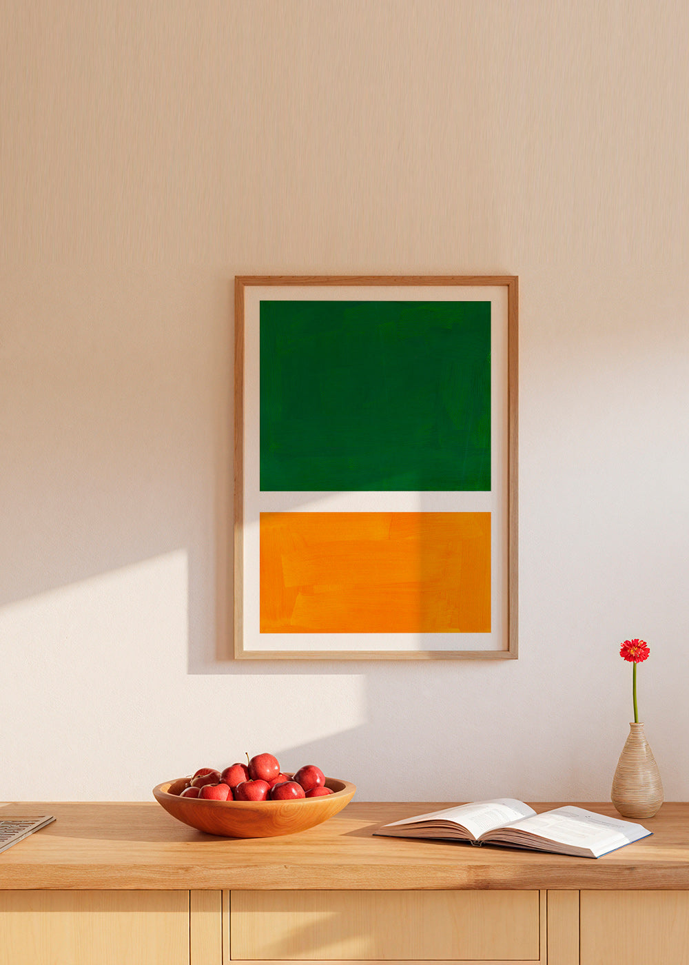 Abstrakt konst med gröna och orange ytor – Product1