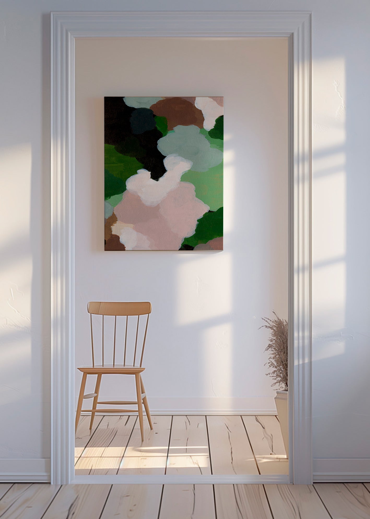Abstrakt konstverk med organiska gröna former – Canvas