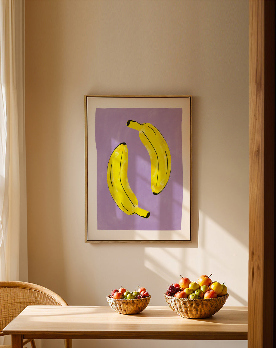Two Vibrant Yellow Bananas - Framed canvas in an interior