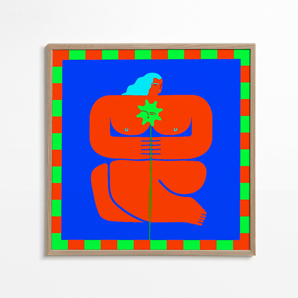 Abstrakt konst med stiliserad röd figur – Oak Frame
