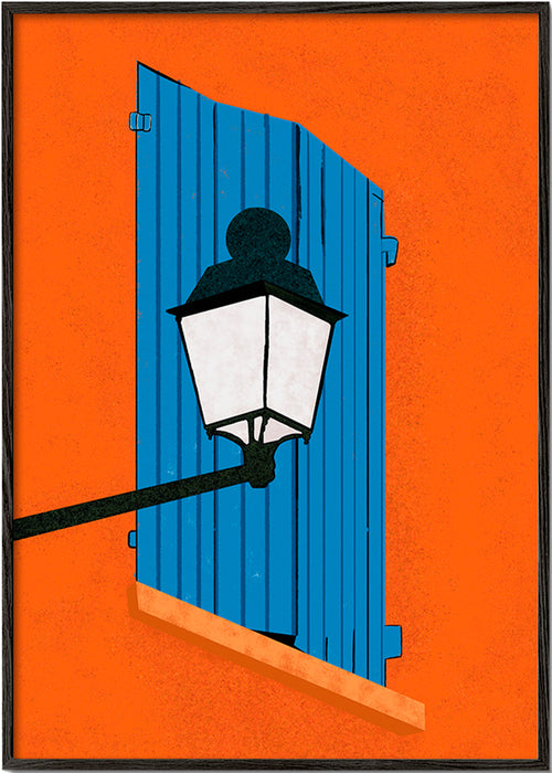 Illustration blå fönsterlucka och lykta – Black Frame