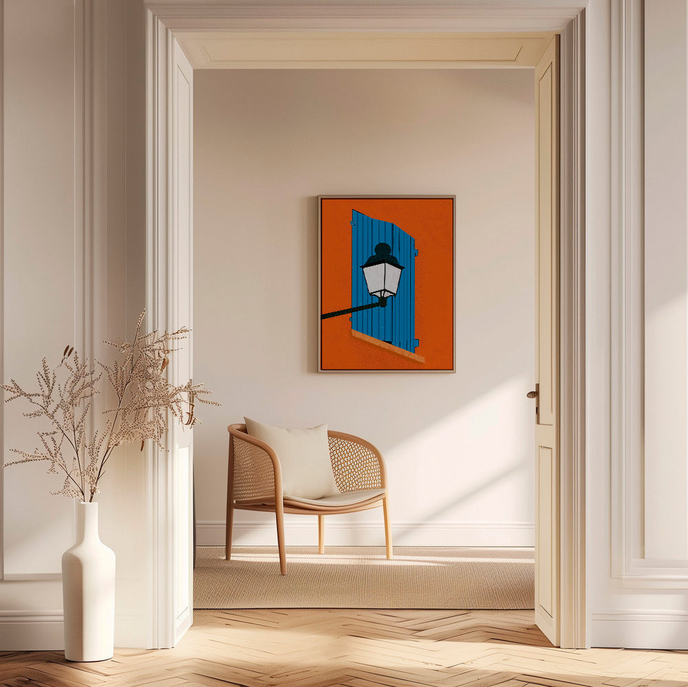 Illustration blå fönsterlucka och lykta – Canvas1
