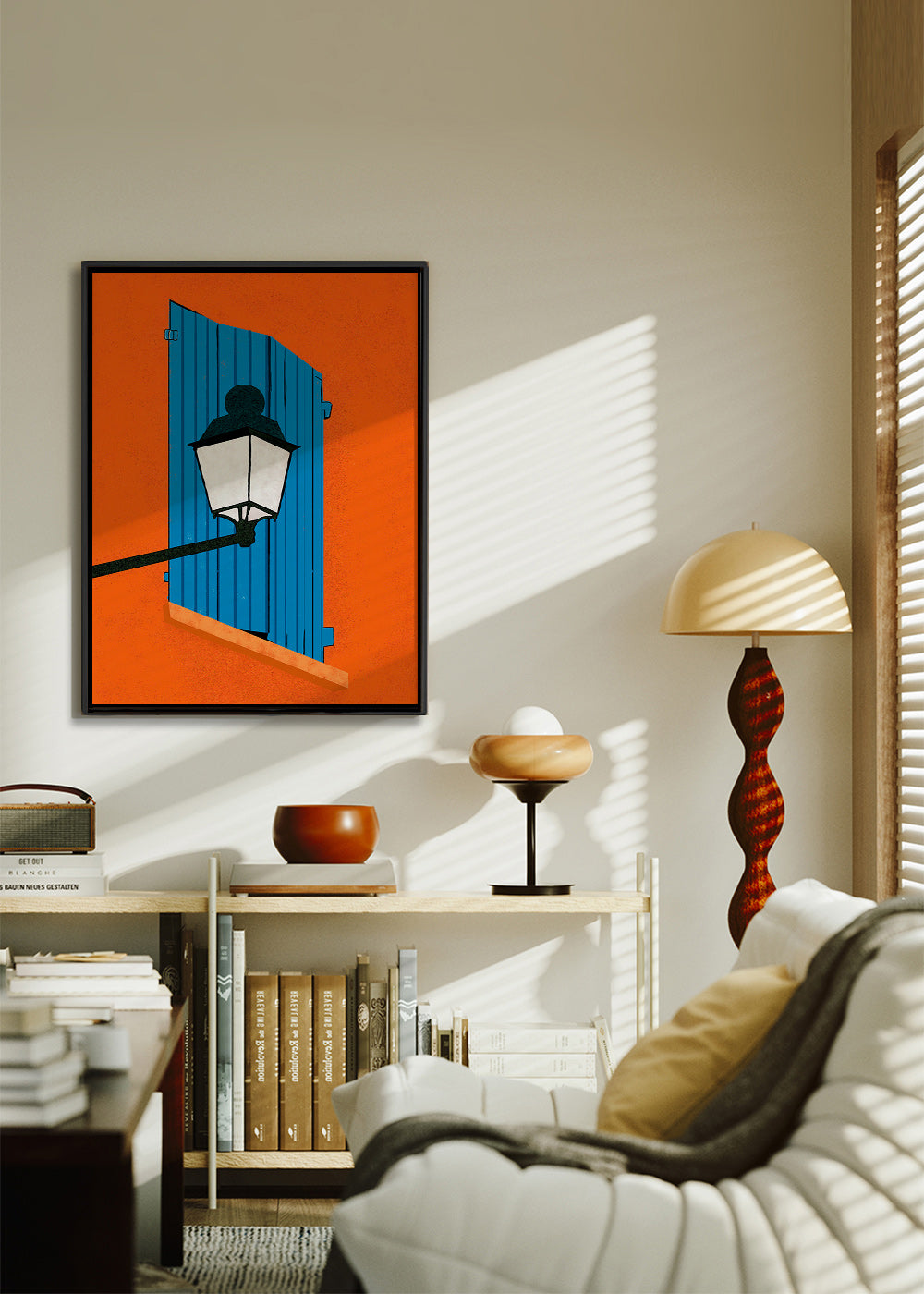 Illustration blå fönsterlucka och lykta – Canvas2