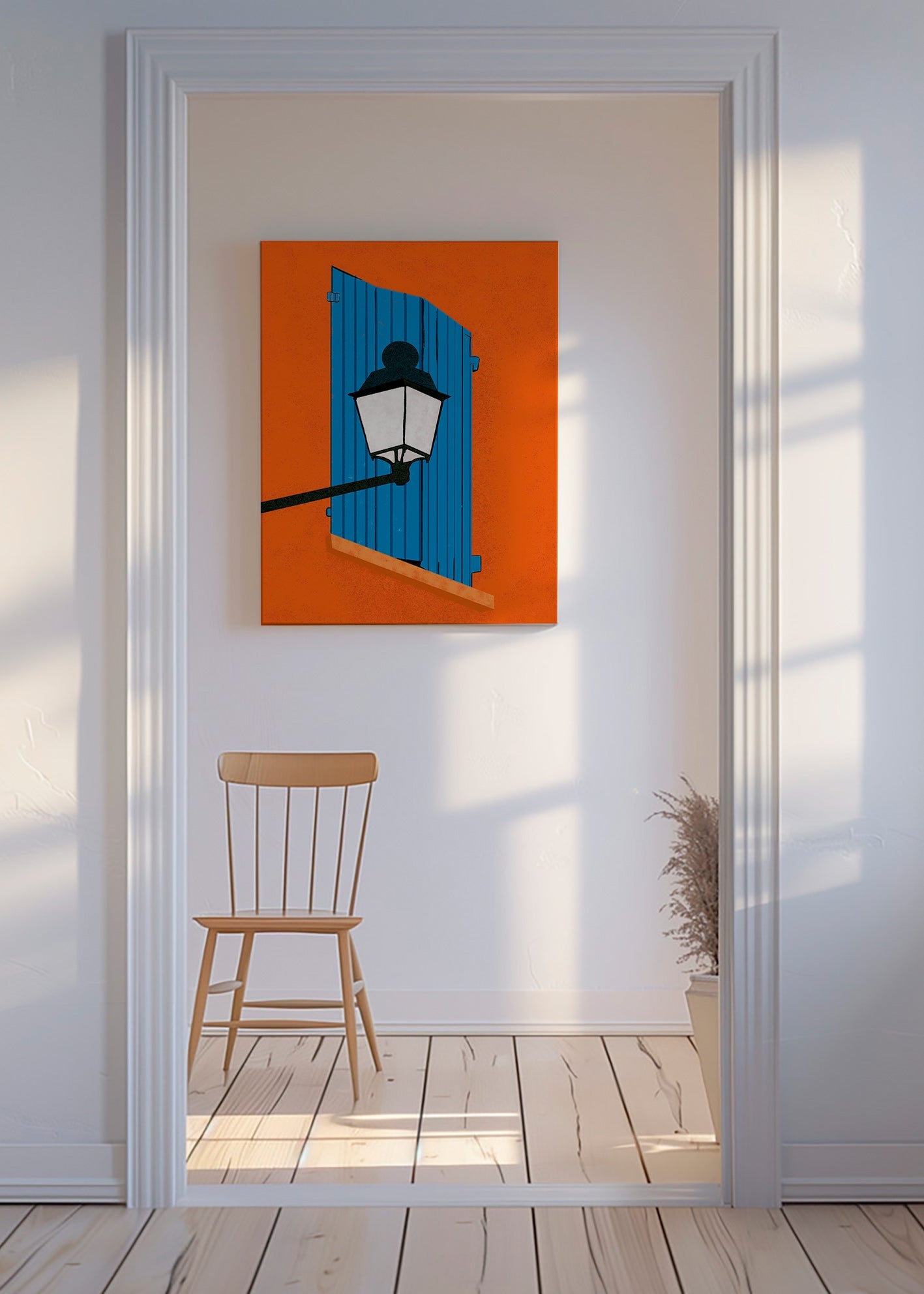 Illustration blå fönsterlucka och lykta – Canvas