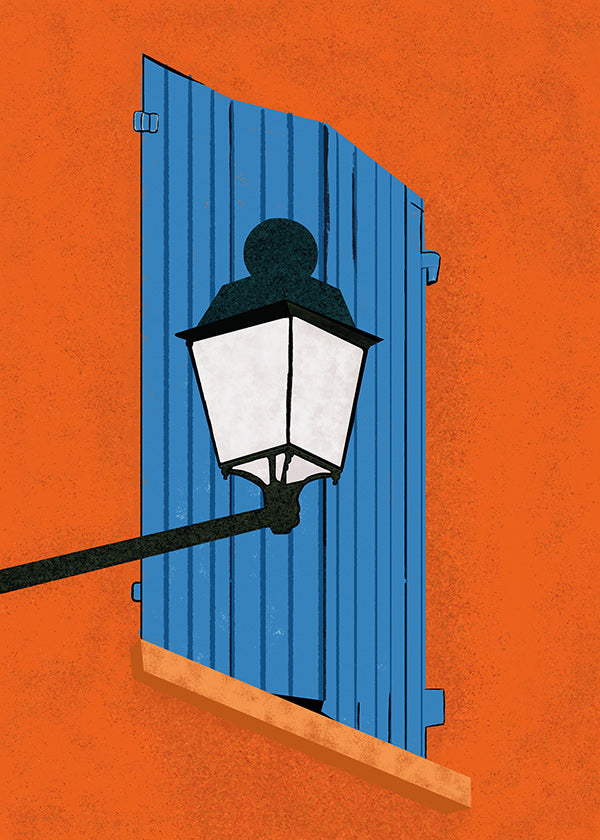 Illustration blå fönsterlucka och lykta