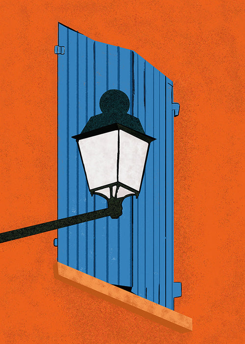 Illustration blå fönsterlucka och lykta