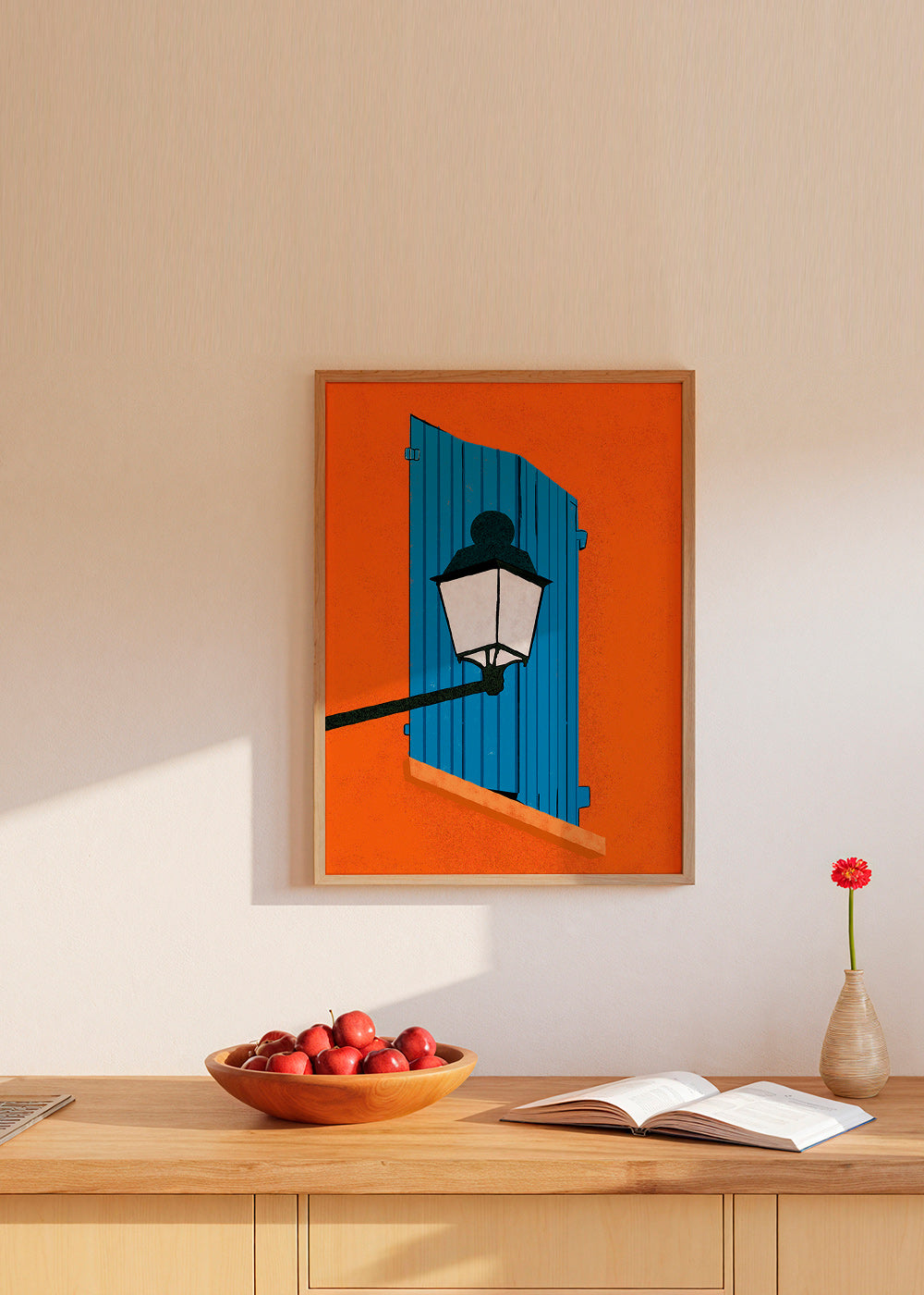 Illustration blå fönsterlucka och lykta – Product1