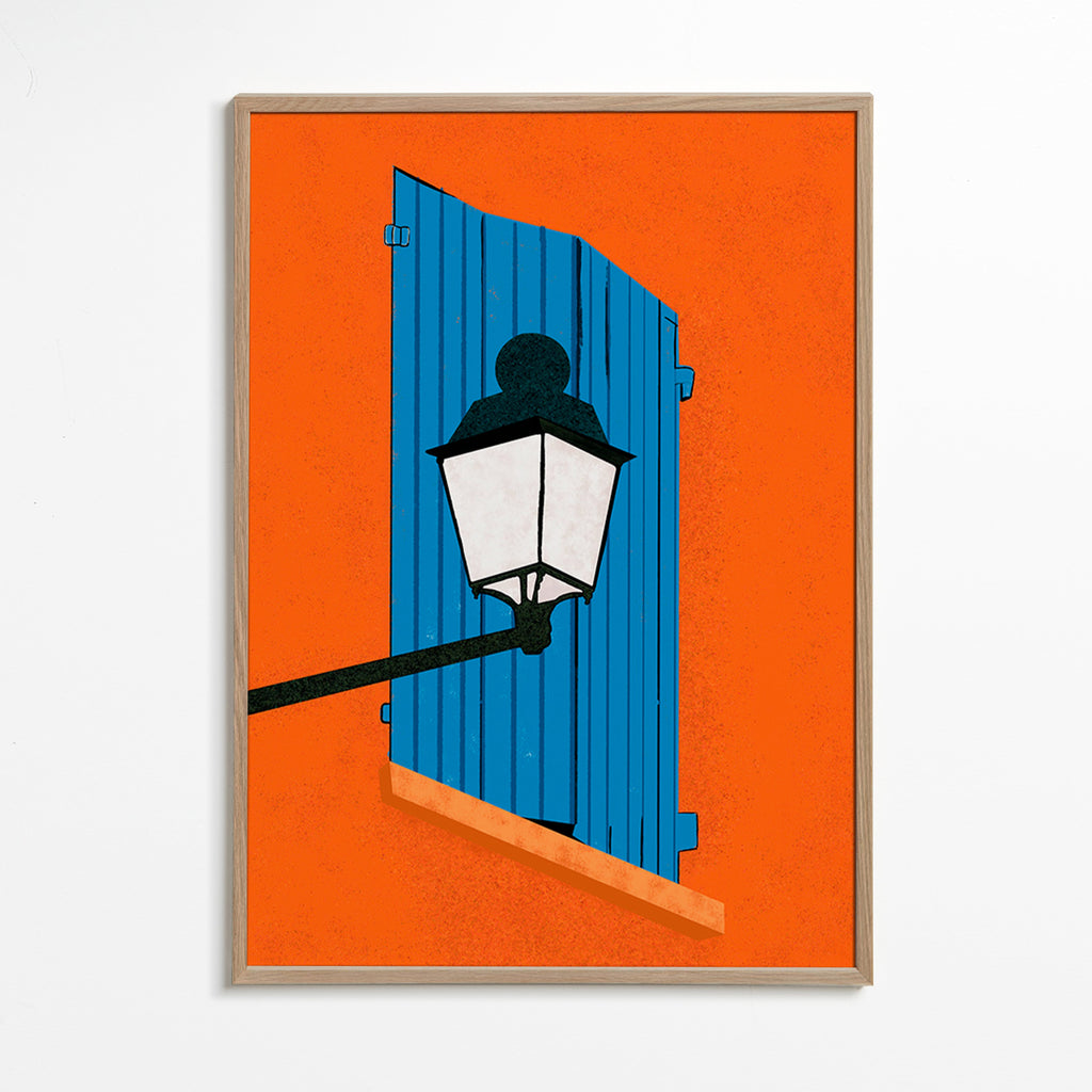 Illustration blå fönsterlucka och lykta – Oak Frame