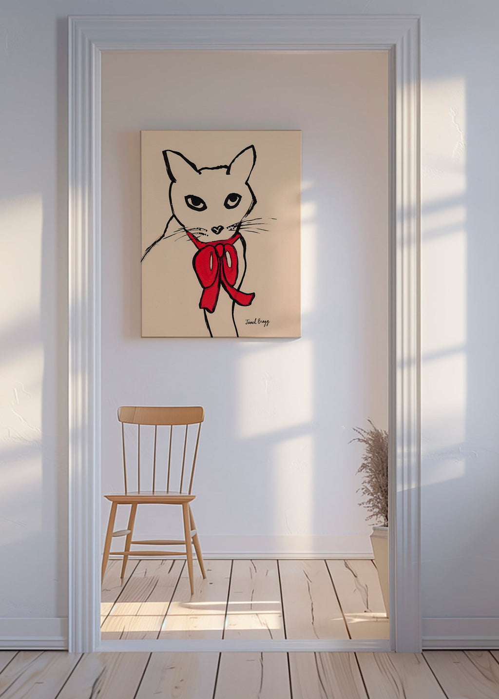 Kattmålning med röd rosett och ledig linje – Canvas