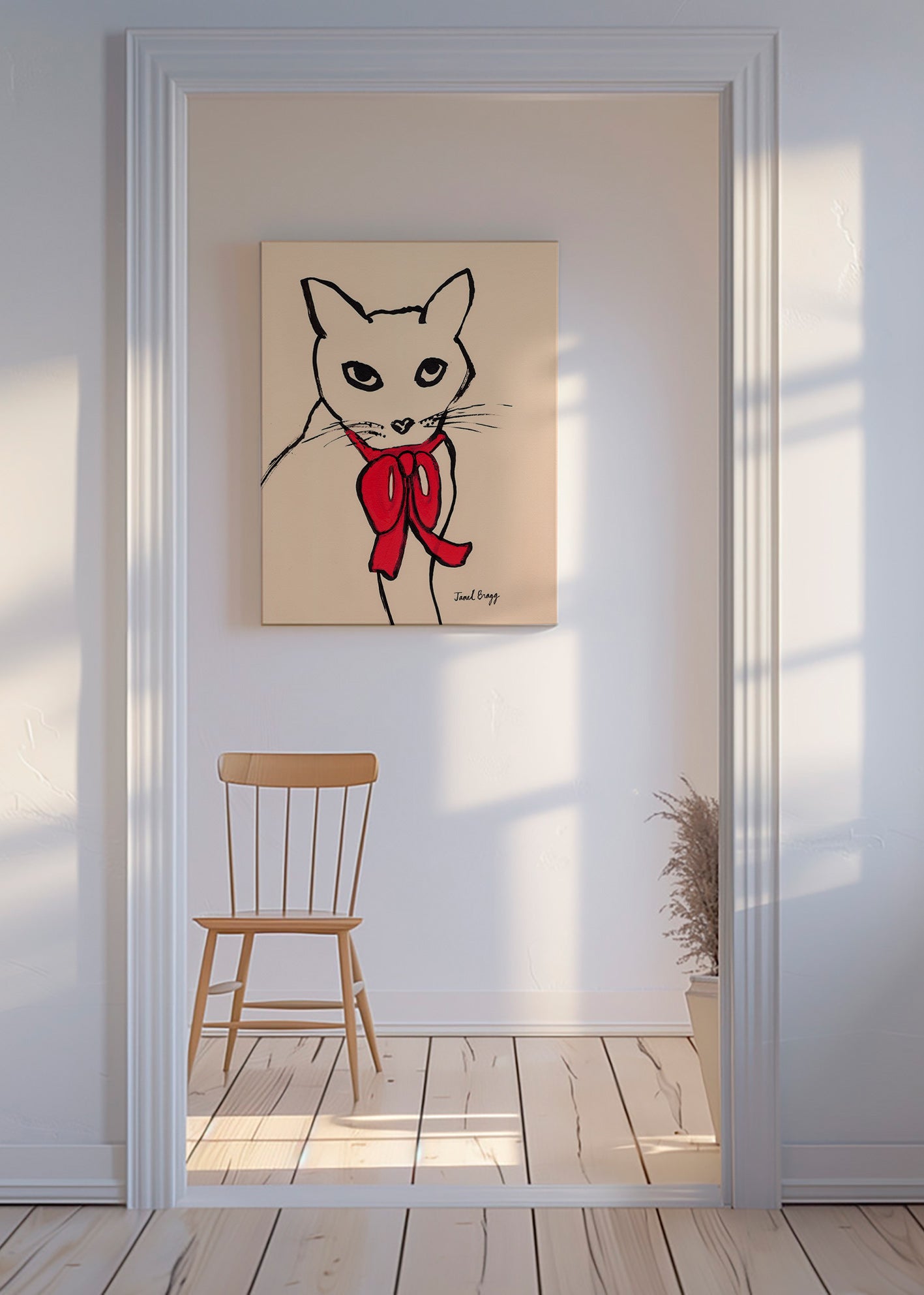 Kattmålning med röd rosett och ledig linje – Canvas