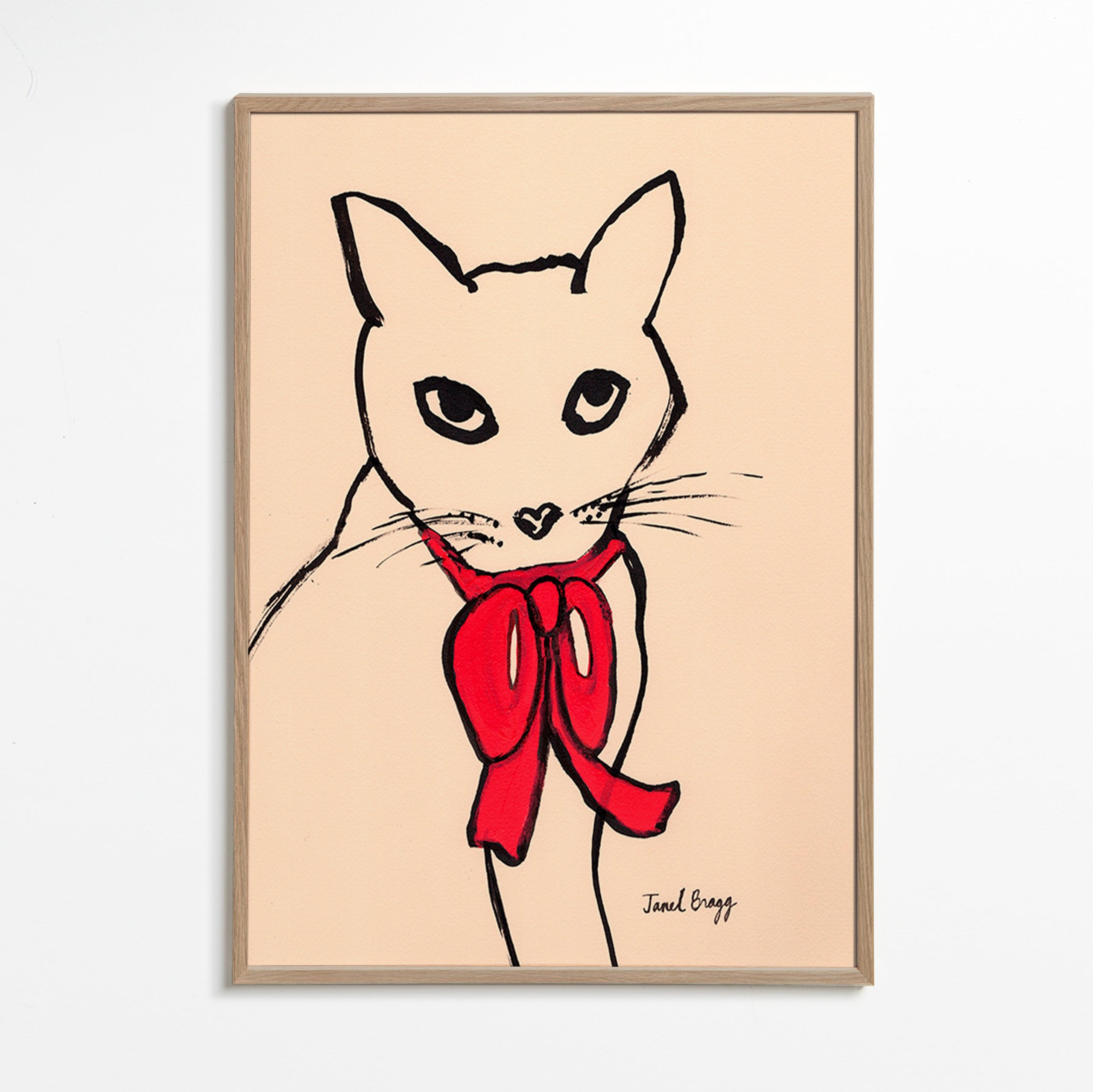 Kattmålning med röd rosett och ledig linje – Oak Frame