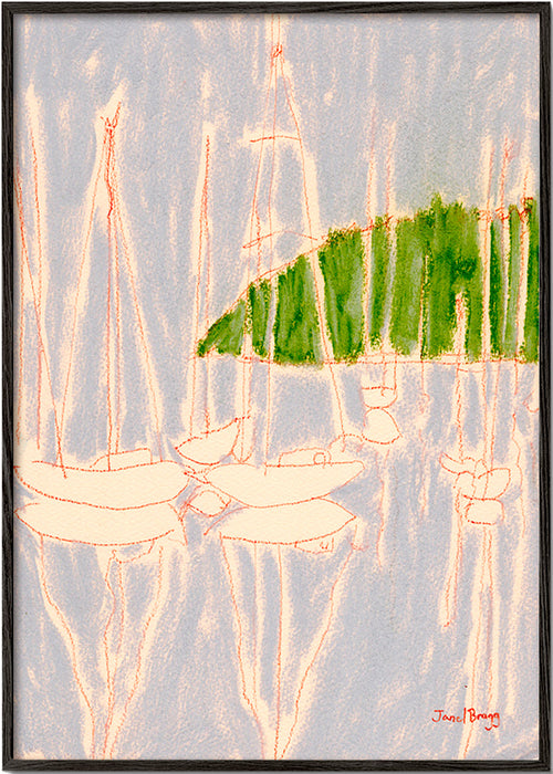 Landskapskonst med segelbåtar och grön kulle – Black Frame