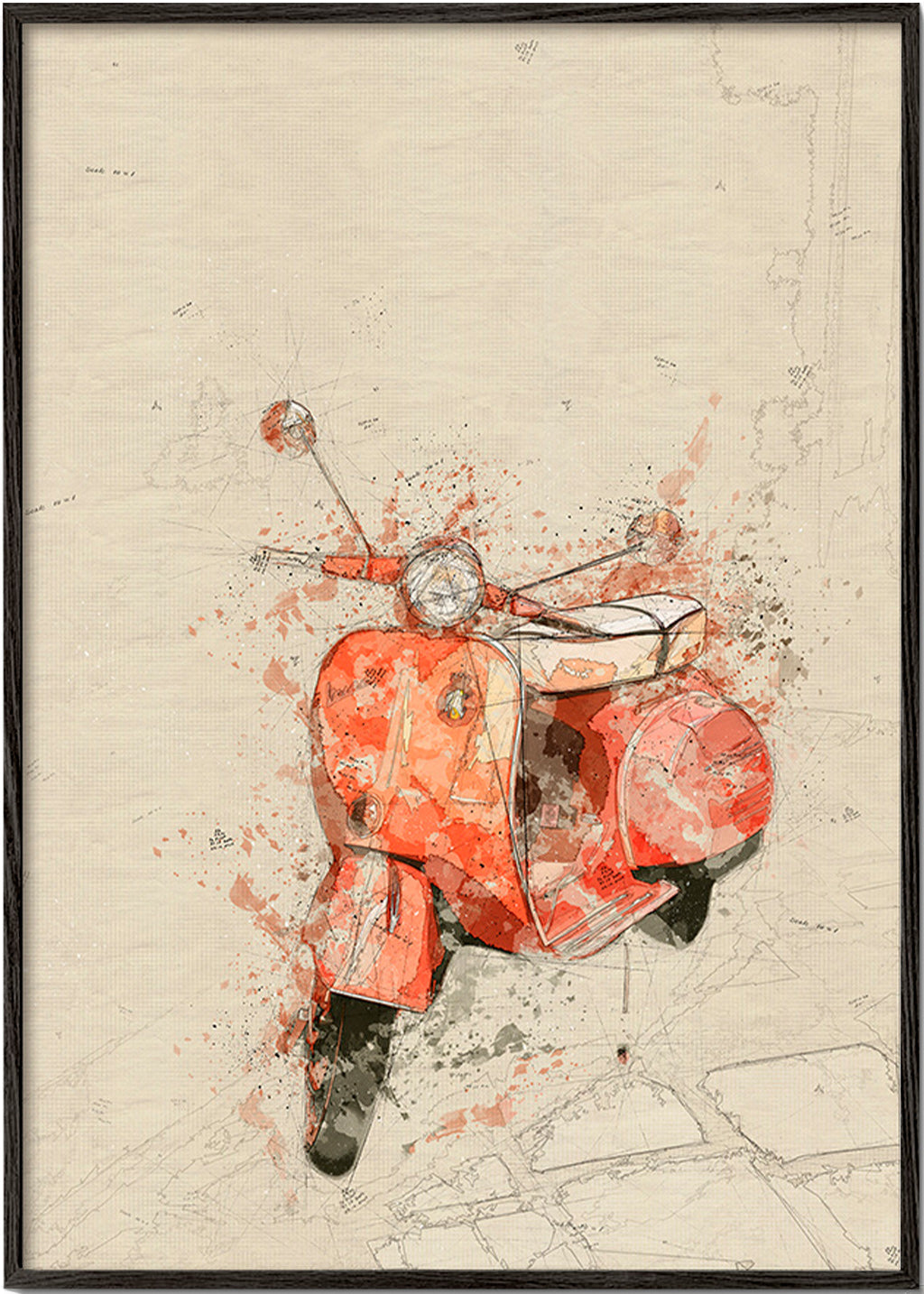 Illustration Röd Vespa på texturerad bakgrund – Black Frame