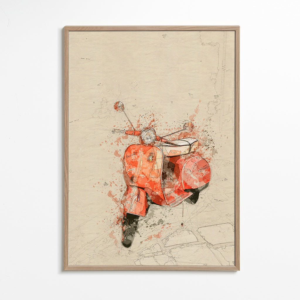 Illustration Röd Vespa på texturerad bakgrund – Oak Frame