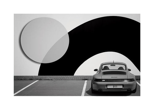 Fotografi Porsche 911 med geometriskt mural