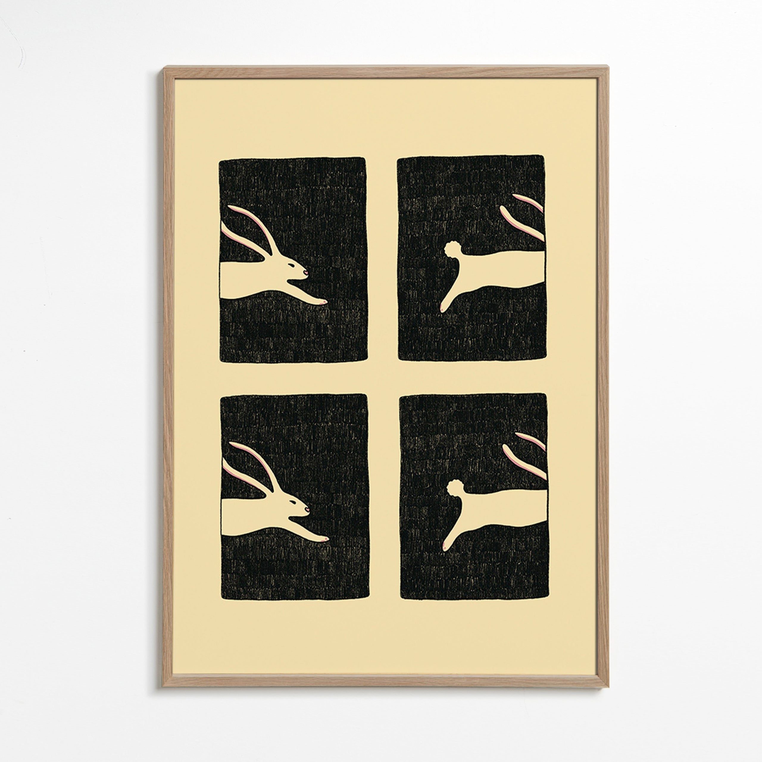 Tavla med kaniner i paneler – Oak Frame