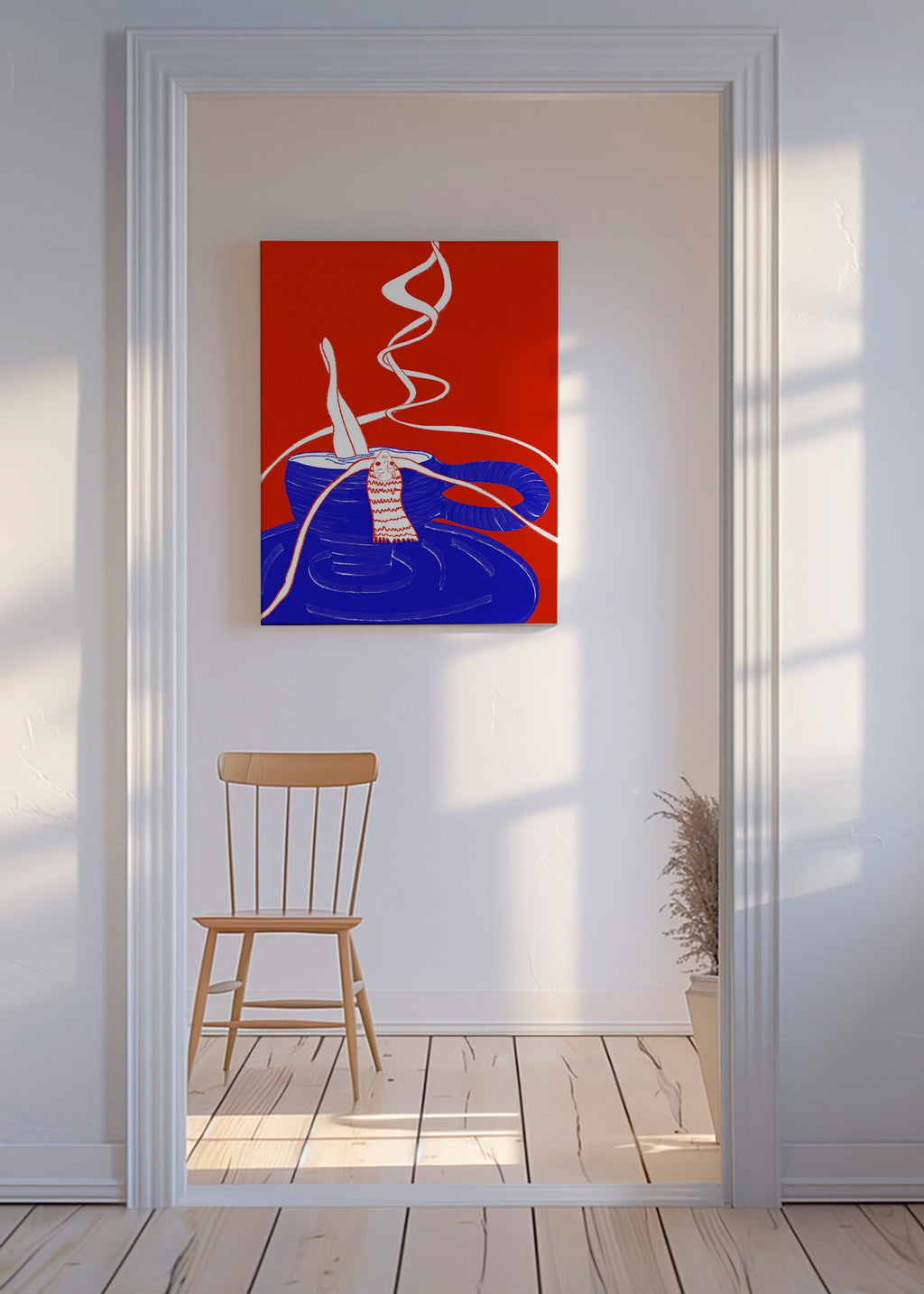 Kökskonst: blå kopp med lekfull figur – Canvas
