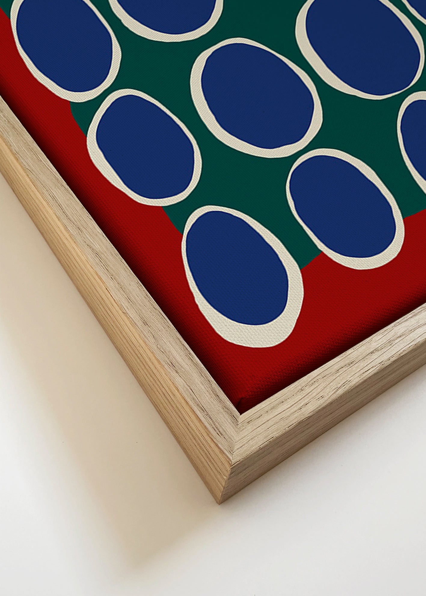 Geometrisk tavla med blå ovaler och grönt fält – Canvas detail
