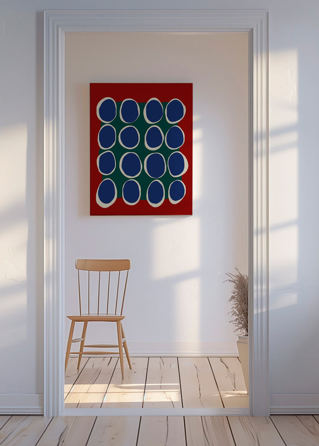 Geometrisk tavla med blå ovaler och grönt fält – Canvas