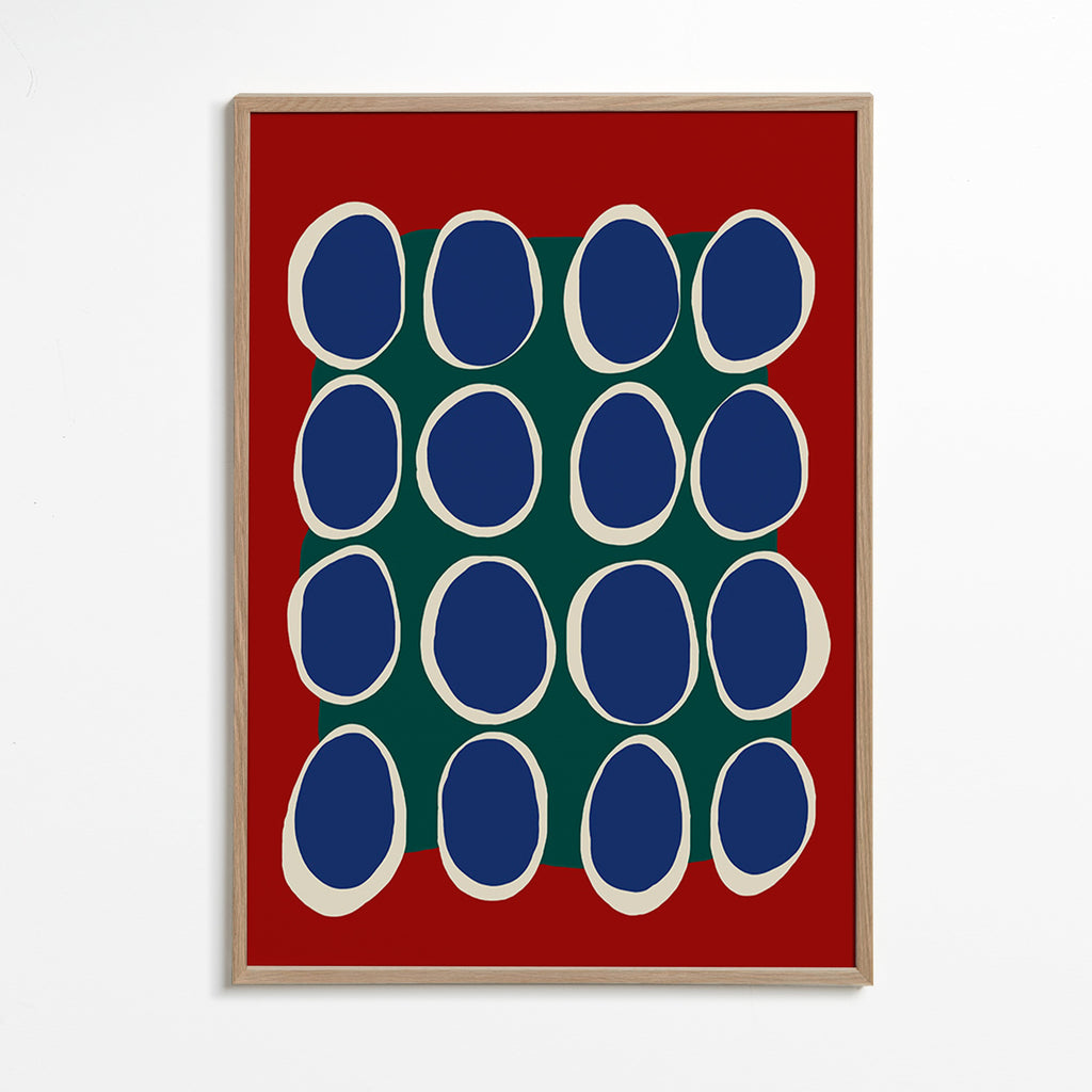 Geometrisk tavla med blå ovaler och grönt fält – Oak Frame