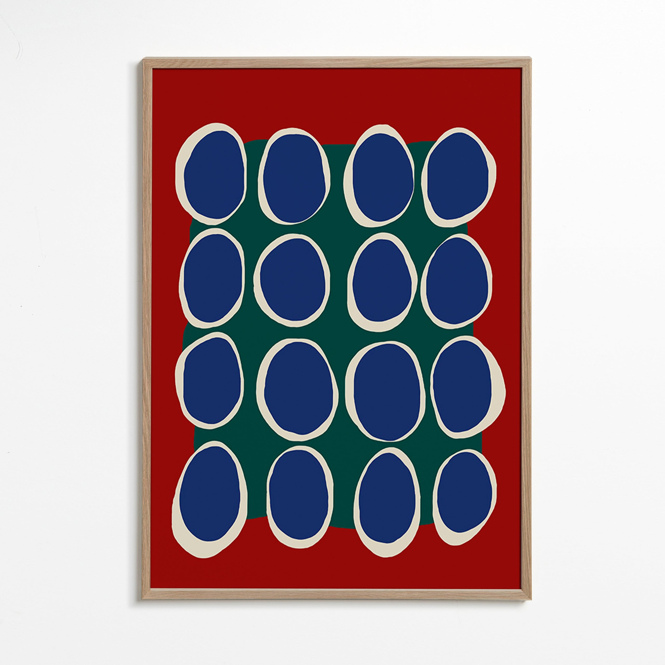 Geometrisk tavla med blå ovaler och grönt fält – Oak Frame