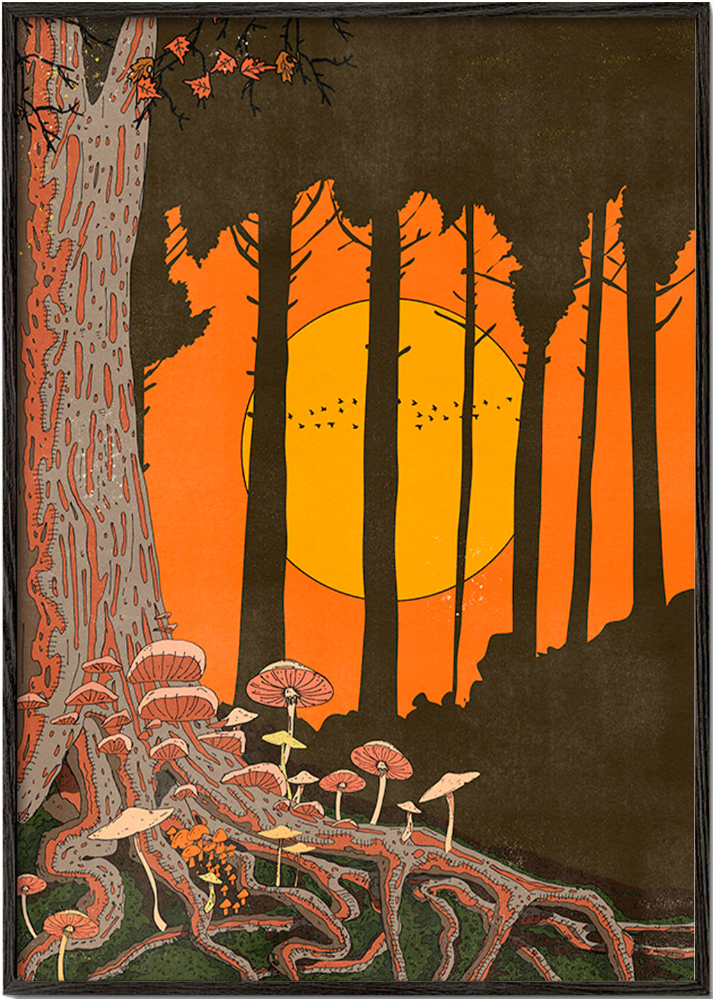 Illustration skog i solnedgång med svampar – Black Frame